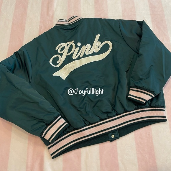 NWT VS PINK VARSITY JACKET DEEP IN FOREST LIMITED EDITION LARGE PLUS FREE TOTE - Picture 3 of 16